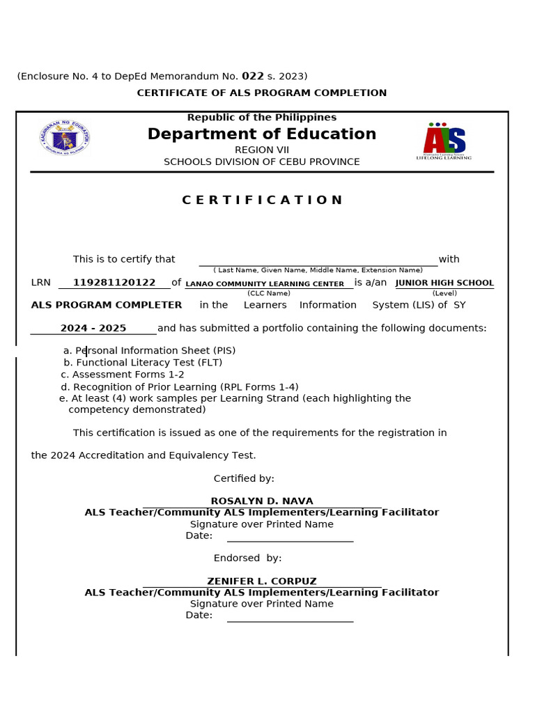 ALS Program Completion Certificate | PDF