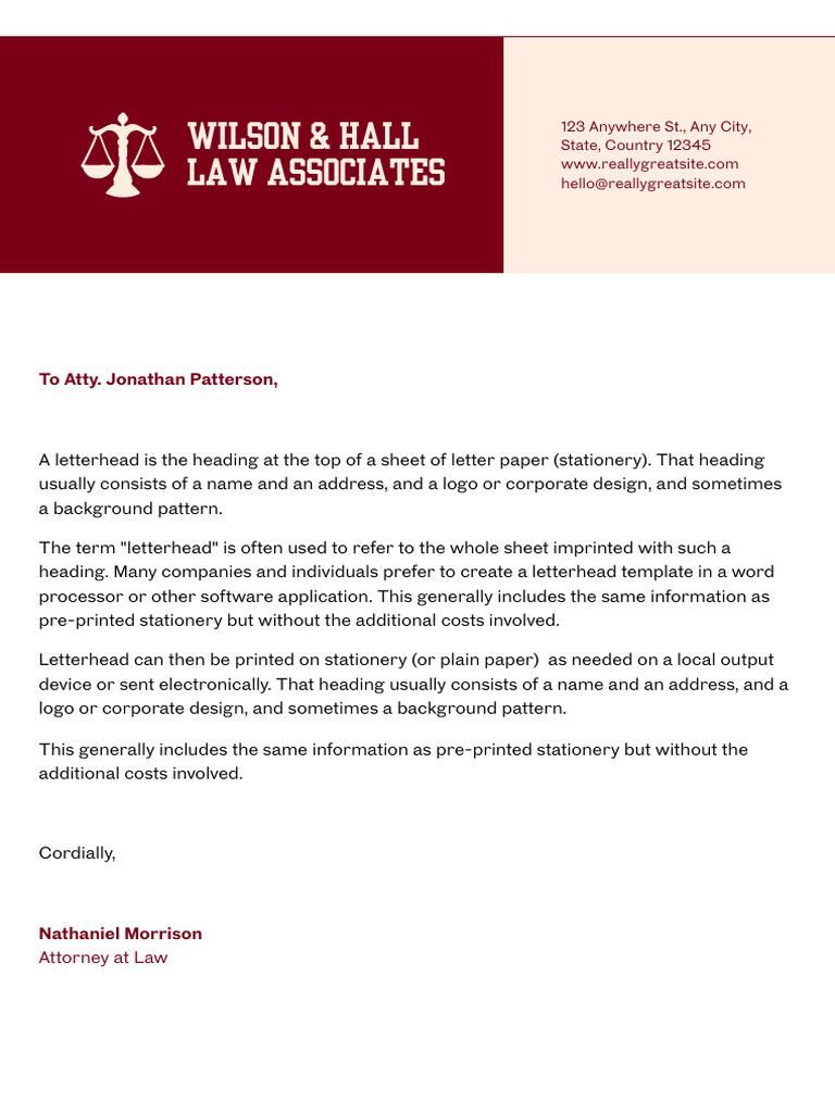 Law Firm Letterhead in Red Light Pink Professional Style - 20241111 ...