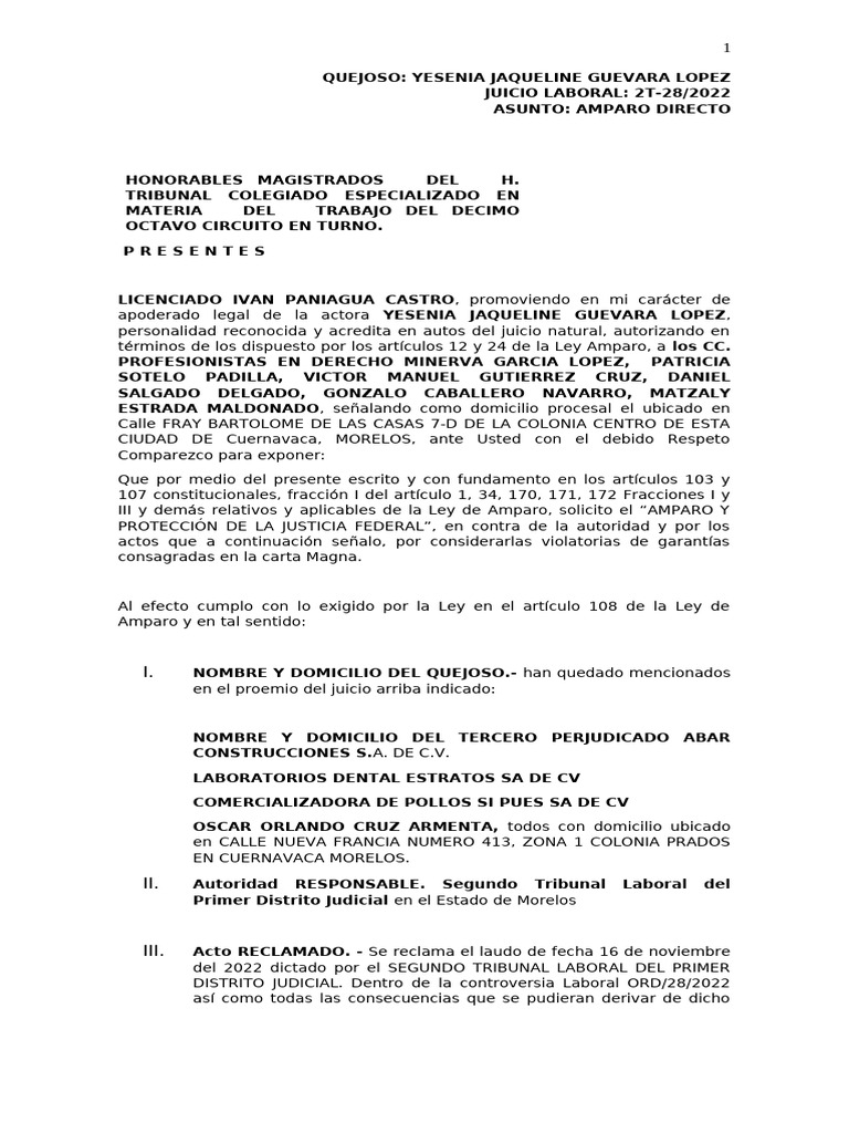 Amparo Directo en Juicio Laboral 2T-28/2022 | PDF | Caso de ley ...