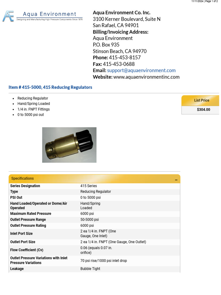 415-5000 Reducing Regulator Specs | PDF | Mechanical Engineering