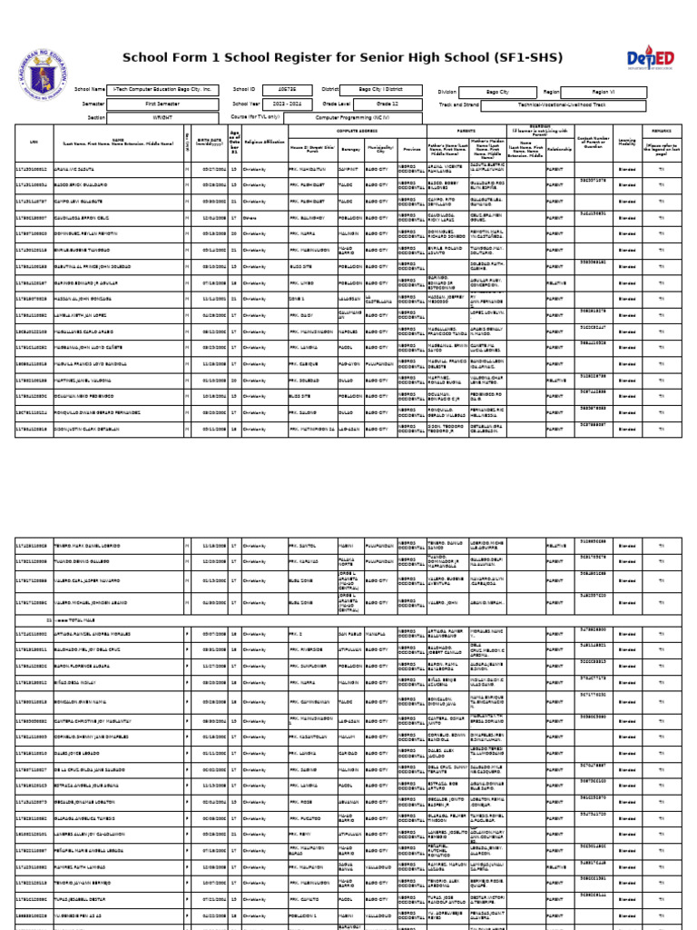 Senior High School Register SF1-SHS | PDF