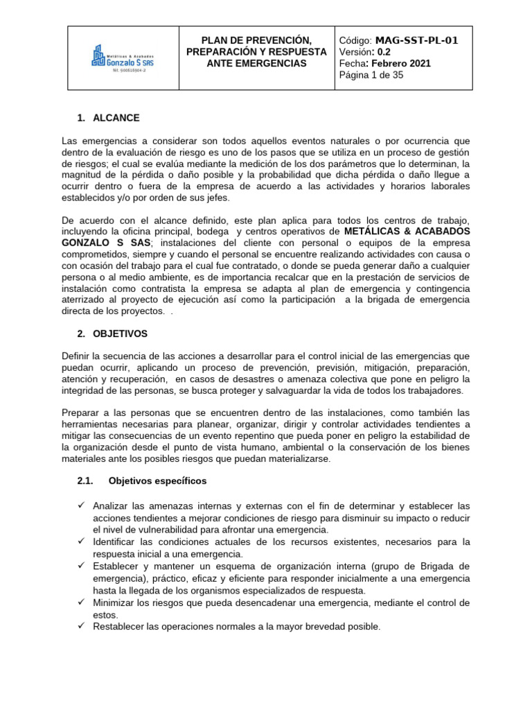 Plan de Prevención, Preparación y Respuesta Ante Emergencias | PDF ...