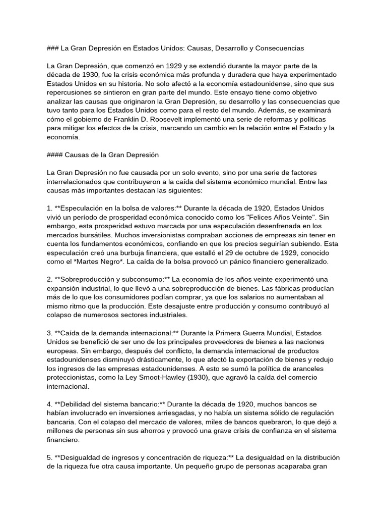Causas y Efectos de la Gran Depresión | PDF | Gran depresion | Nuevo ...
