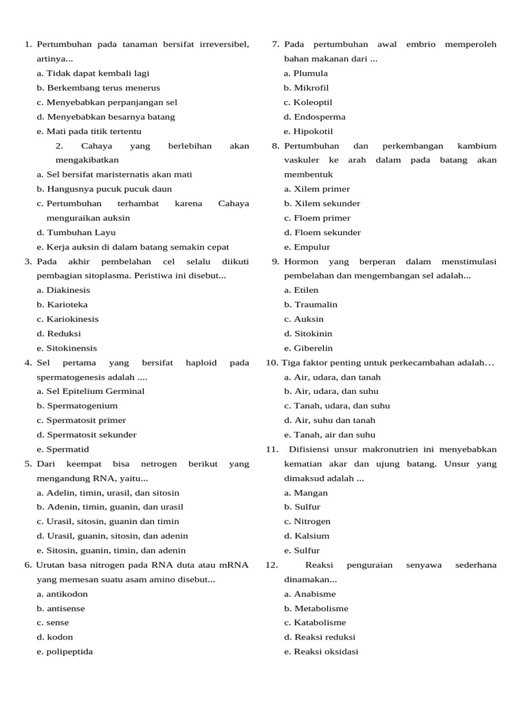 Soal Biologi Kelas 12 Semester 1