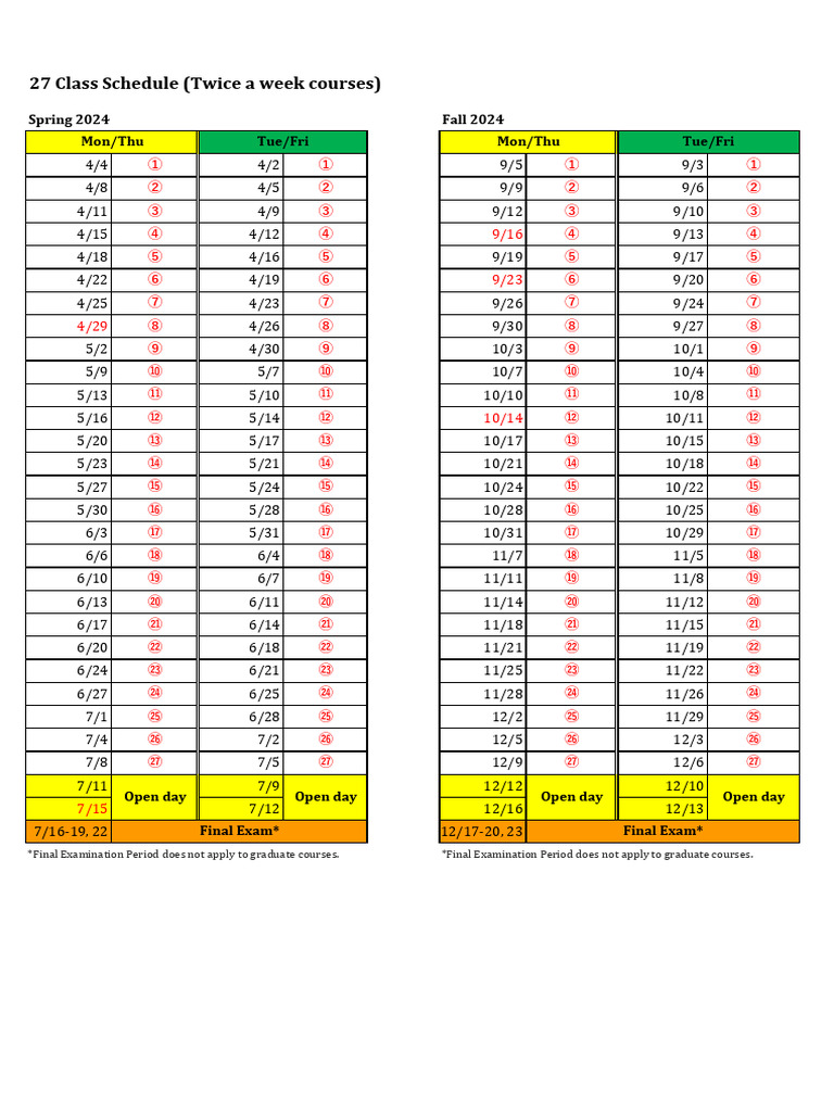 Spring & Fall 2024 Class Schedule | PDF | Tests | Career And Technical ...