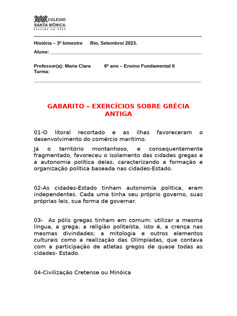 Exercícios sobre a Grécia Antiga - 6º Ano | PDF | Esparta | Grécia Antiga