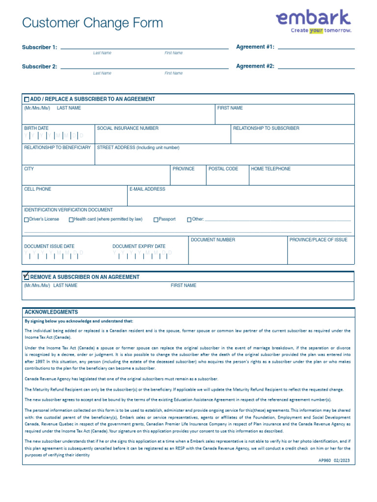 Subscriber Change Form for RESP Agreements | PDF | Life Insurance ...