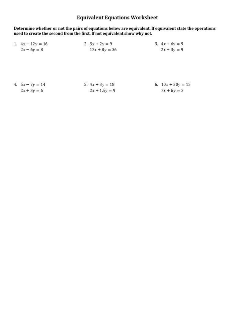 Equivalent Equations Worksheet PDF