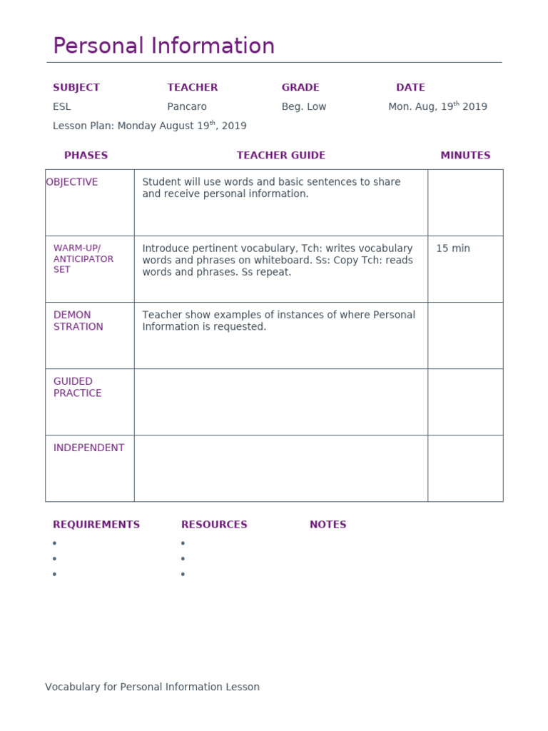 ESL Lesson Plan: Personal Info Sharing | PDF