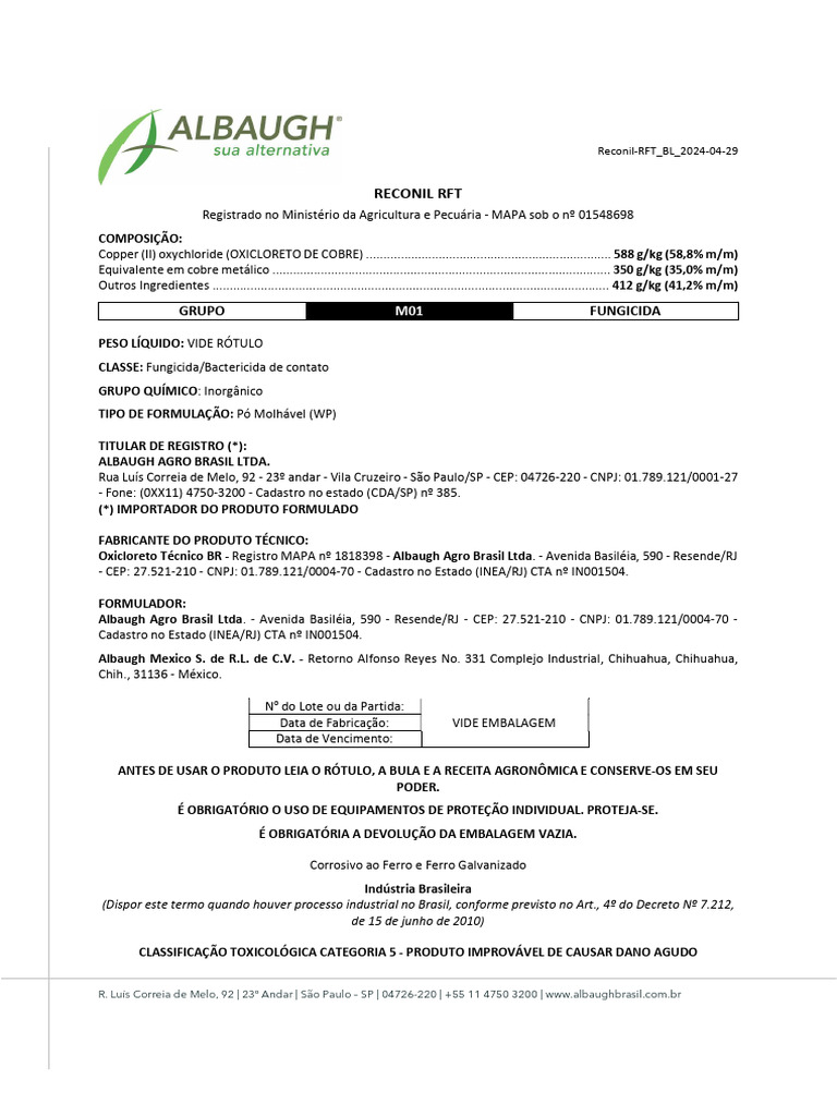 Fungicida Reconil RFT: Instruções e Uso | PDF | Nuvem | Embalagem e ...