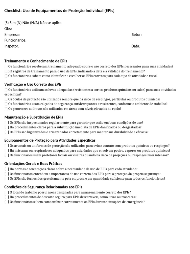 Checklist de Uso de EPIs para Segurança | PDF
