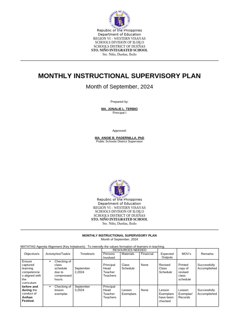 Monthly Supervisory Plan for September 2024 | PDF | Teachers | Learning