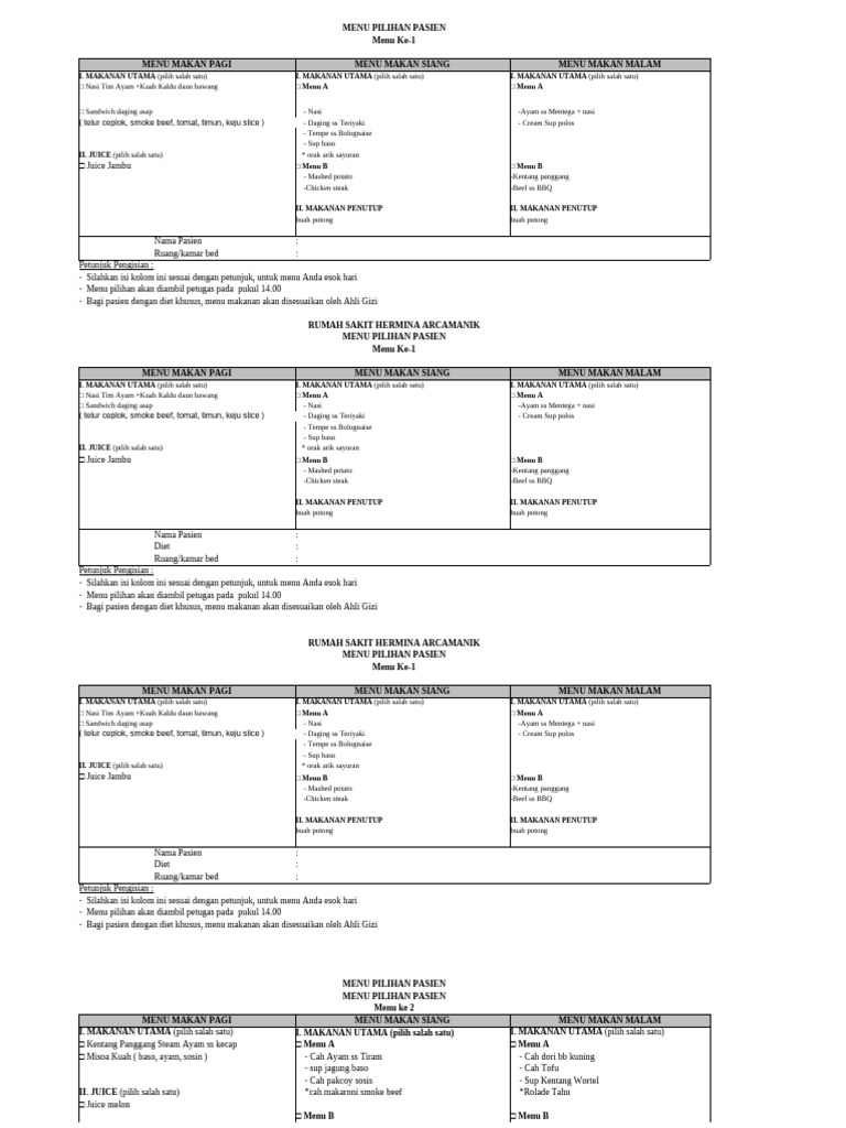 Menu Pilihan Makanan Pasien RS Hermina | PDF
