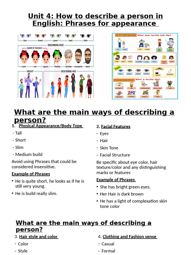 Describing People in English: Key Phrases | PDF | Hair | Hairstyle