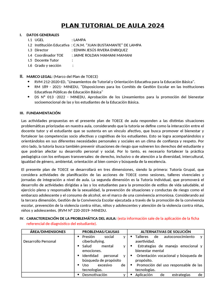 PLAN TUTORIAL DE AULA JB - 2024 Modelo | PDF | Las emociones | Evaluación