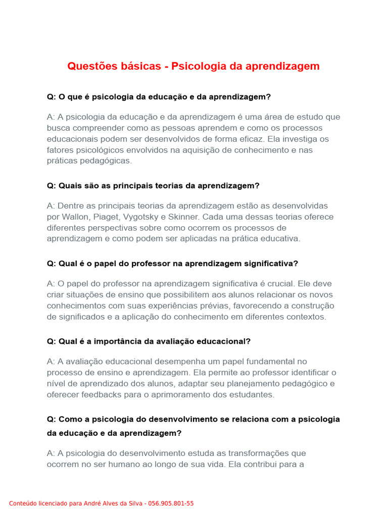 Psicologia da Aprendizagem e Educação | PDF | Aprendizado | Psicologia