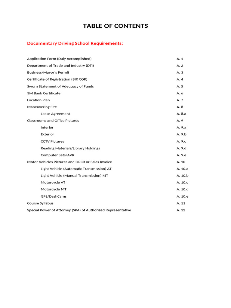 Table of contents pdf driver s license vehicles