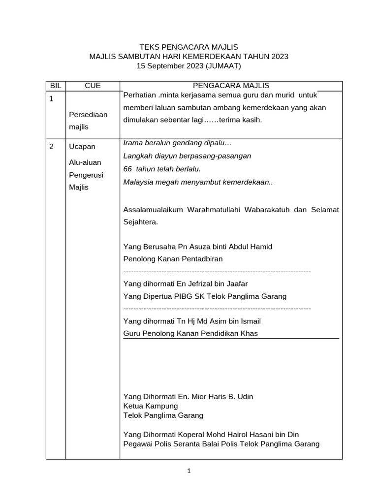 Teks Pengacara Penutup Bulan Merdeka 2023 | PDF