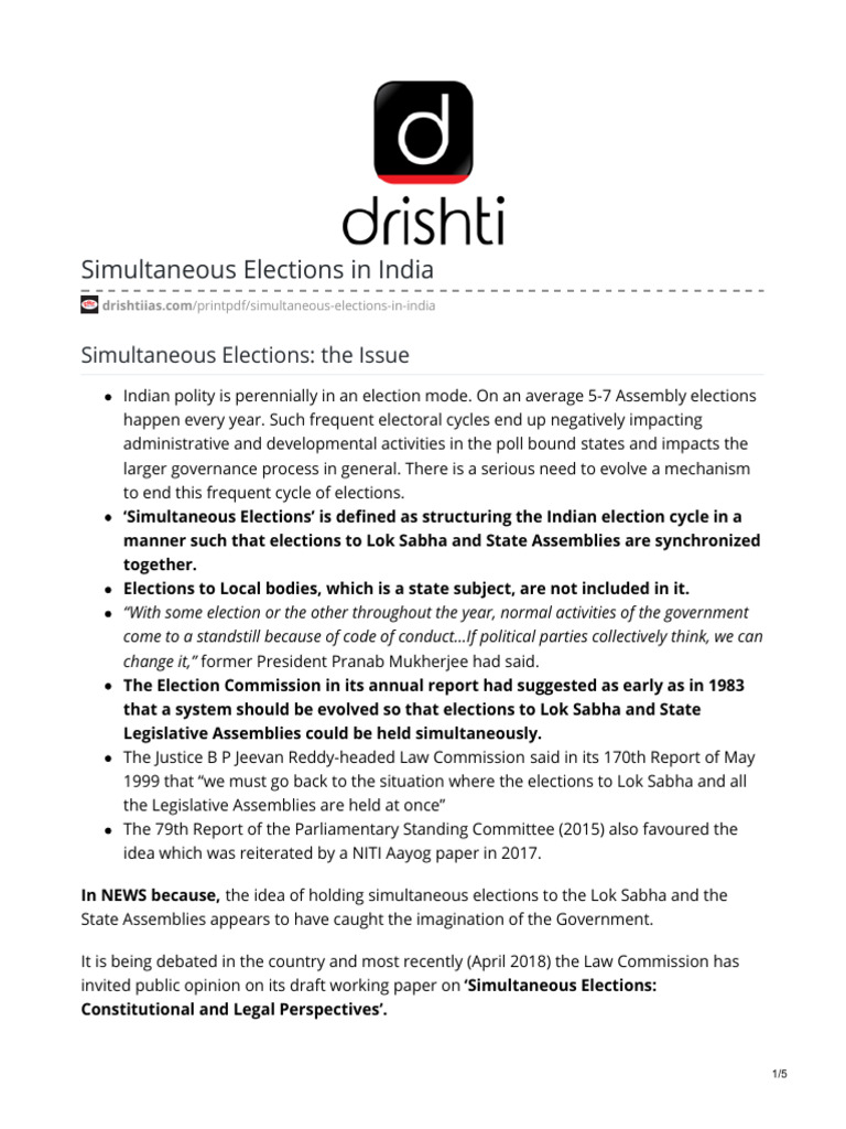 Simultaneous Elections in India Explained | PDF | Elections | Government