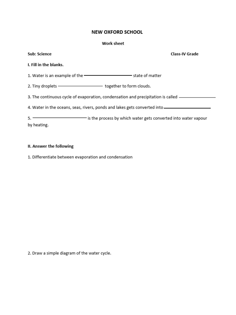 Grade IV Science: Water Cycle Worksheet | PDF | Social Science ...