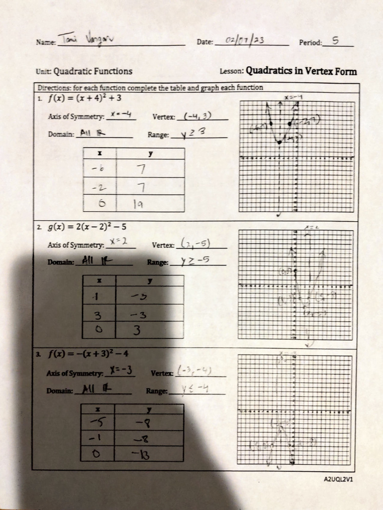 Quadratic Functions Algebra HW February 07 2023 | PDF