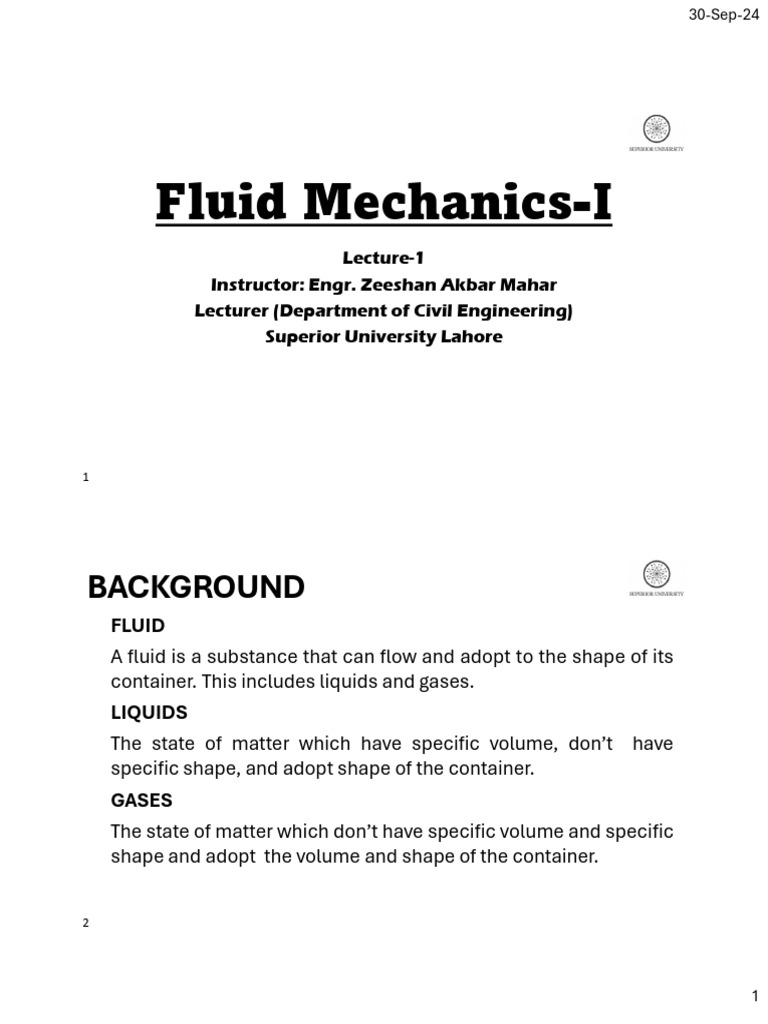 Lecture-1 (FM-I) | PDF | Viscosity | Shear Stress