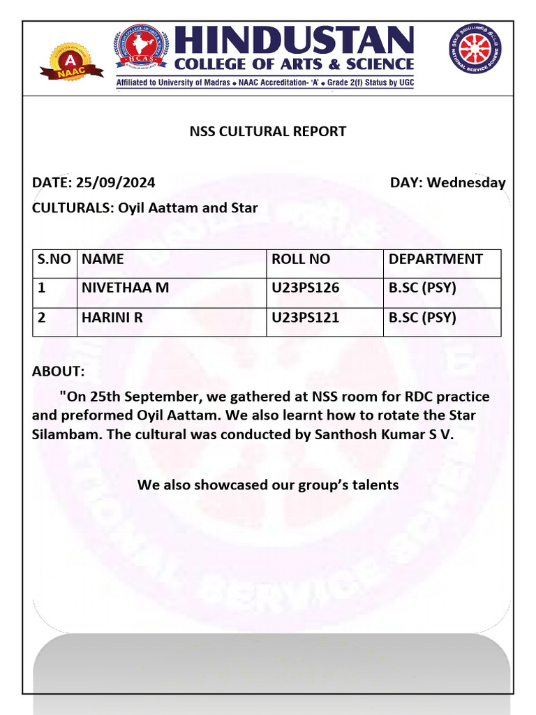 NSS Cultural Report 2024-25: Oyil Aattam | PDF