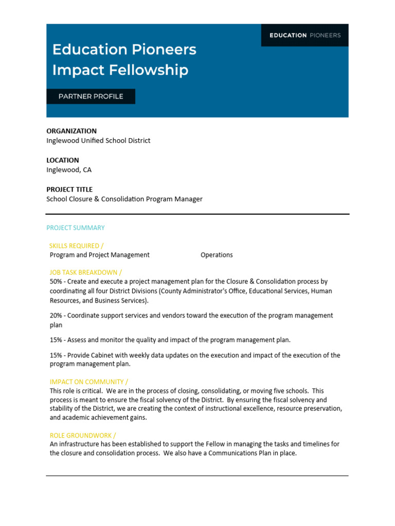 Inglewood USD School Closure Consolidation Program Manager PDF