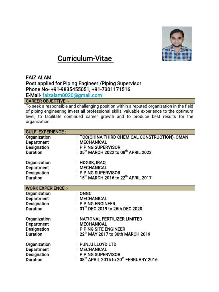 Updated CV PipingSupervisor Vitae - Doc1x-Compressed | PDF | Pipe ...