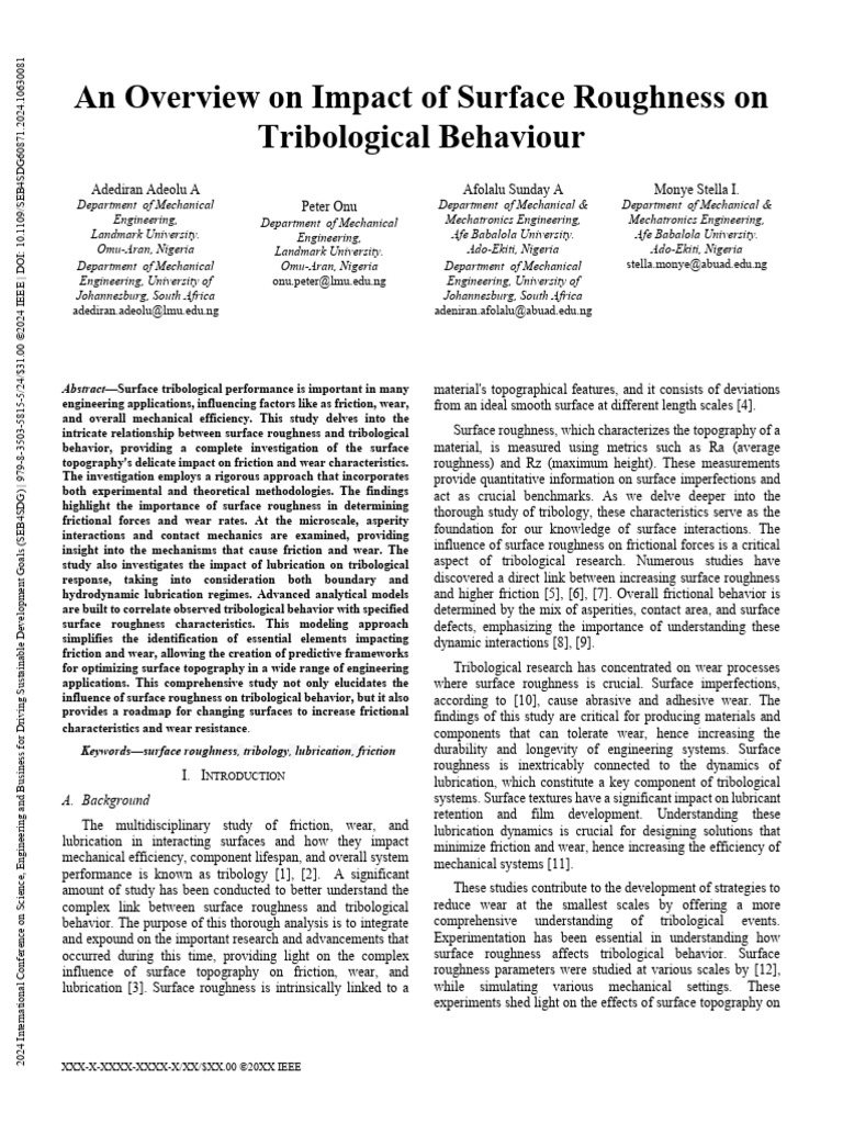 Surface Roughness and Tribology Insights | PDF | Wear | Friction