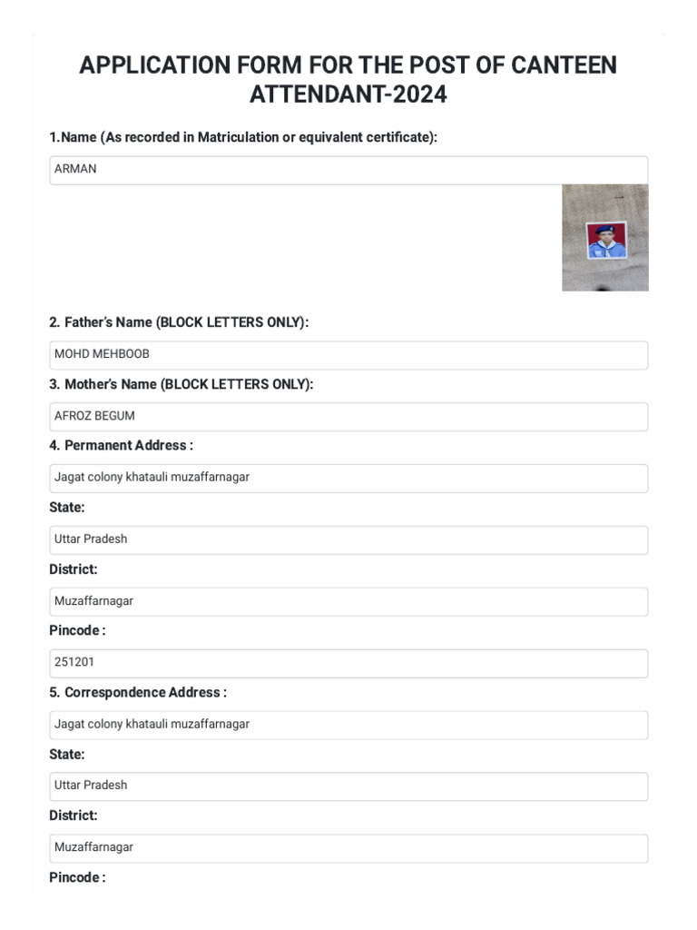 Canteen Attendant Application Form 2024 | PDF