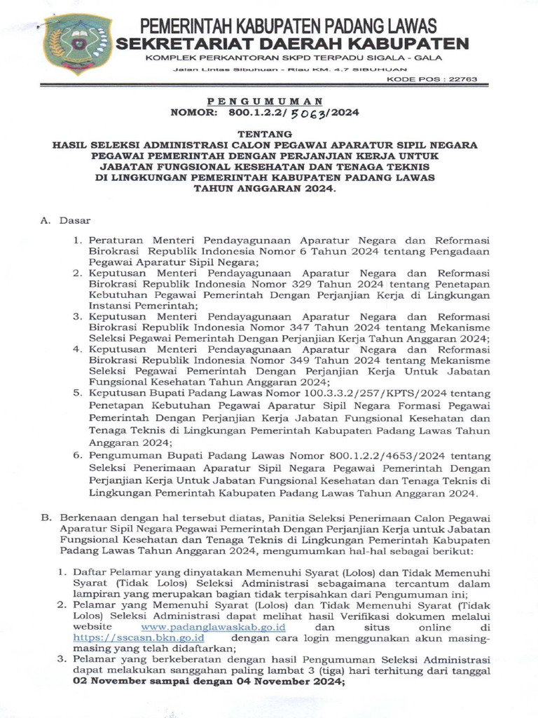 Pengumuman Hasil Seleksi Administrasi P3k T A 2024 Pdf