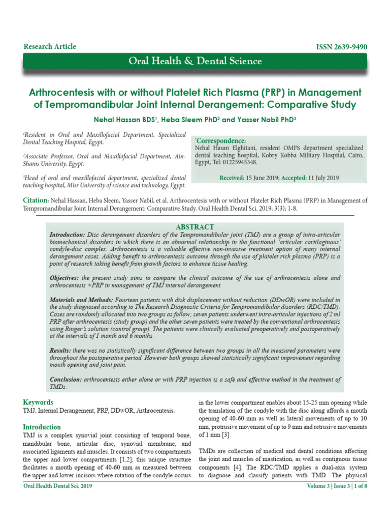Arthrocentesis With or Without Platelet Rich Plasma PRP in Management ...