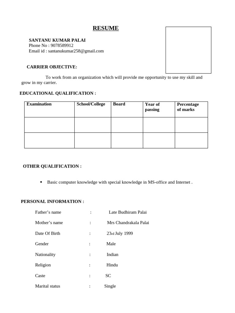 Indian Student Resume: Santanu Kumar Palai | PDF