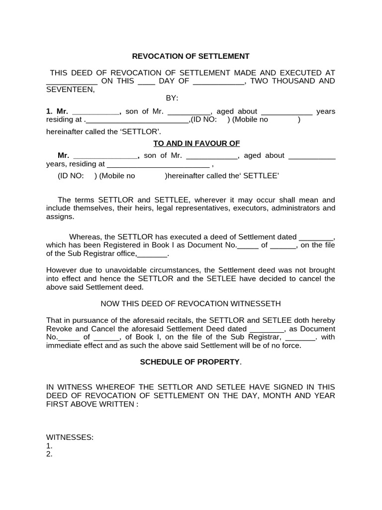 Revocation of Settlement Deed Template | PDF