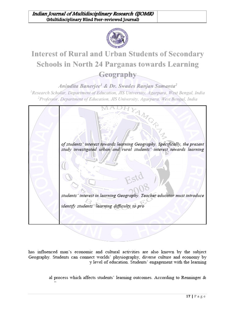 Urban vs Rural Students' Interest in Geography | PDF | P Value ...