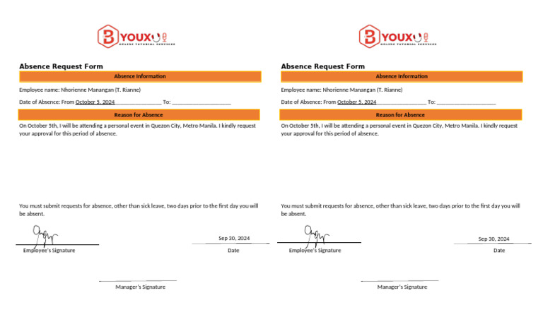 Absence Request Form T. Rianne | PDF