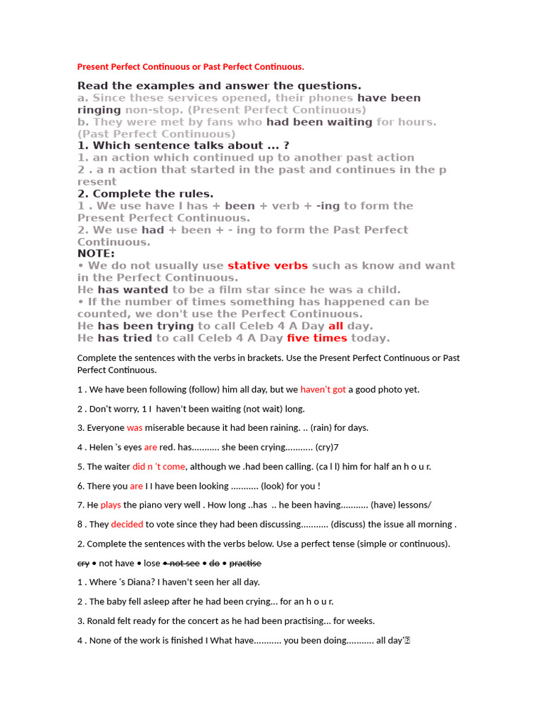 Perfect Continuous Tenses Guide | PDF | Linguistics | Grammar