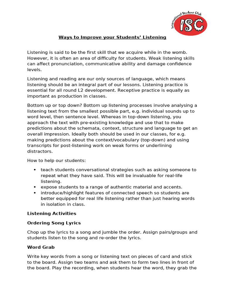 Enhance Students' Listening Skills | PDF | Human Communication ...