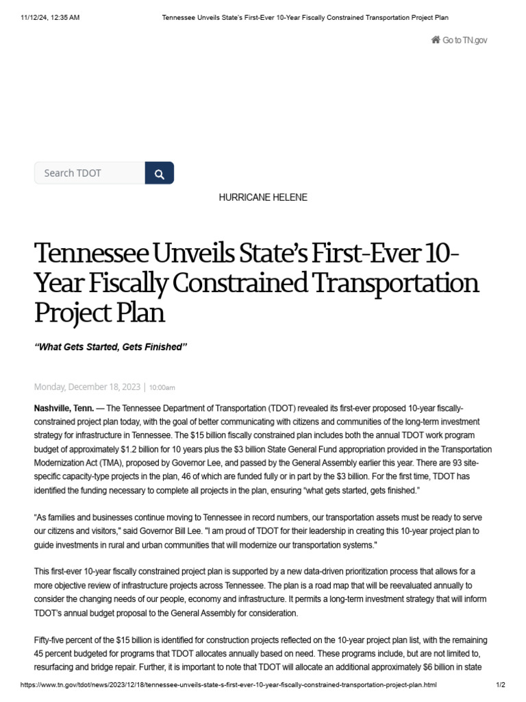Tennessee Unveils State's First-Ever 10-Year Fiscally Constrained ...