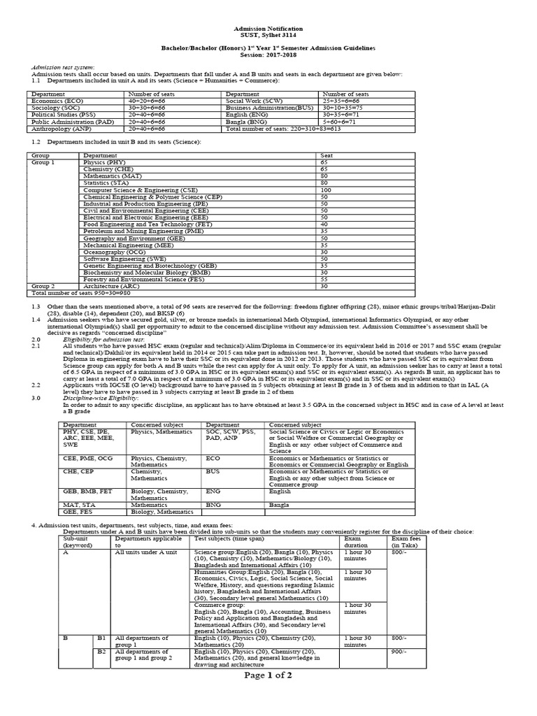 SUST Admission Guidelines 2025-26 | PDF | University And College Admission