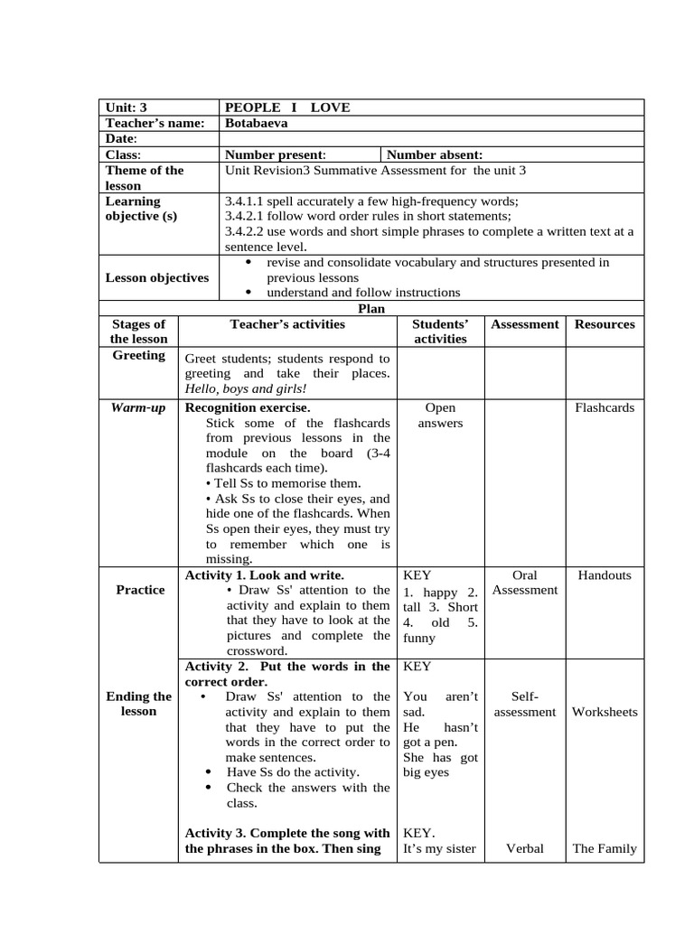 6 Lesson Unit Revision3 Summative Assessment For The Unit 3 Pdf