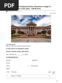 Draft of Criminal Appeal Before Sessions Judge in Cheque Bounce Case Sec 138 NI Act