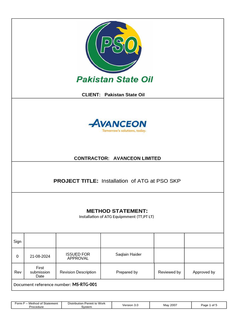 ATG Equipment Installation Method Statement | PDF | Personal Protective ...