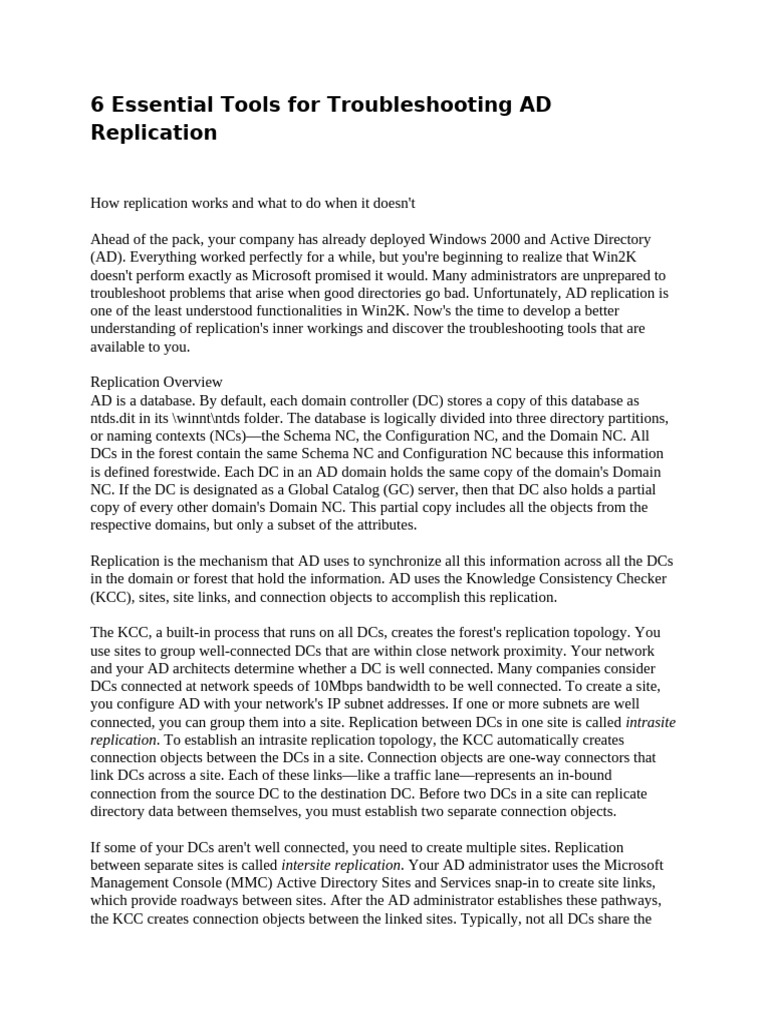 AD Replcation Tools | PDF | Active Directory | Windows 2000