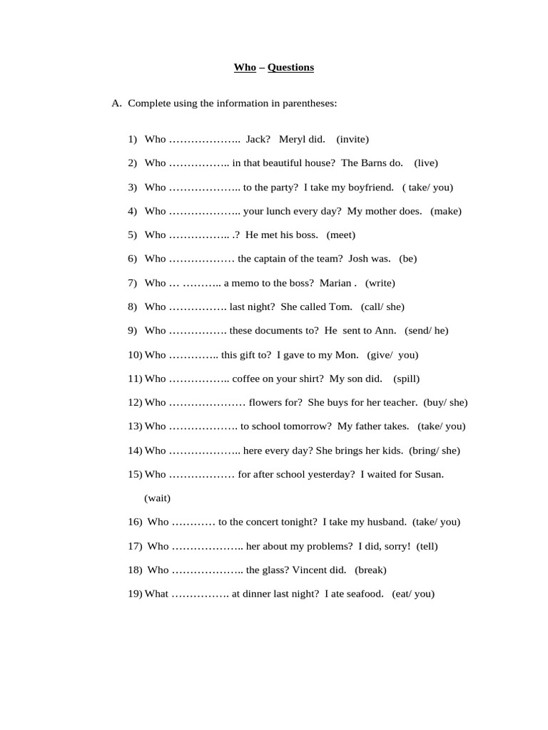 Who Questions Exercise with Answers | PDF