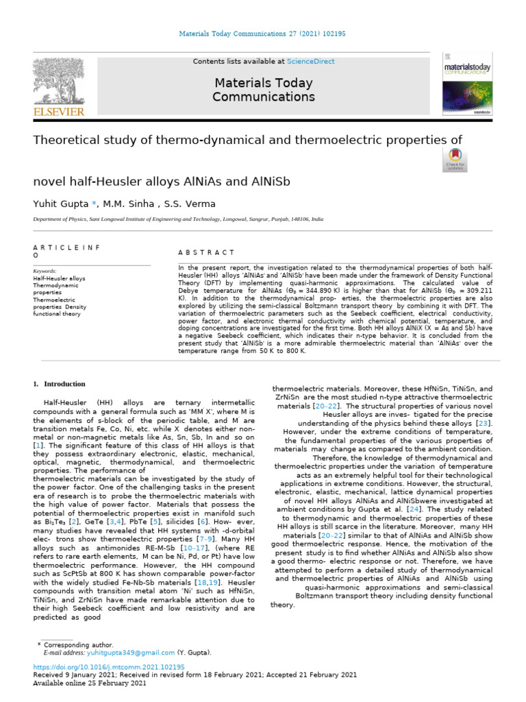 Theoretical Study of Thermo-Dynamical and Thermoelectric Properties of ...