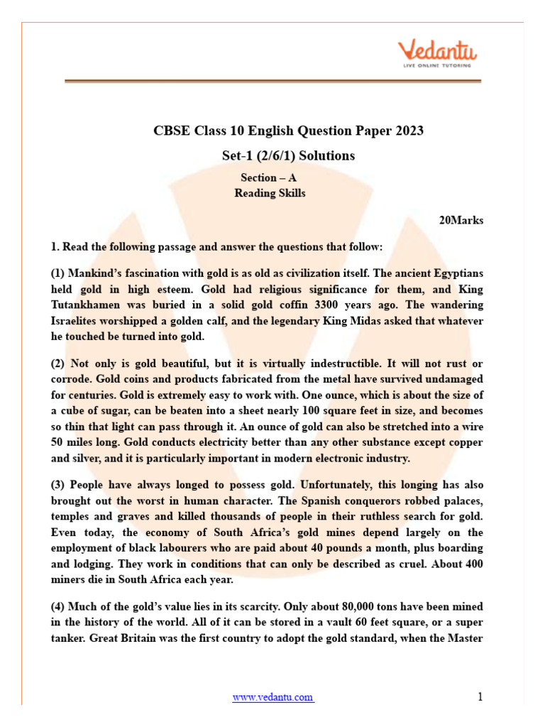 Cbse Class 10 English Question Paper Set 1 2 6 1 2023 | PDF | Gold ...