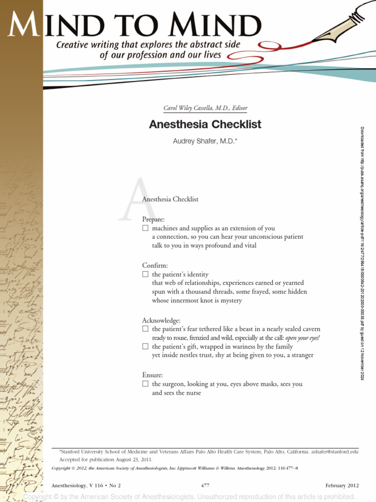 Anesthesia Checklist: Audrey Shafer, M.D. | PDF | Medicine | Health Care