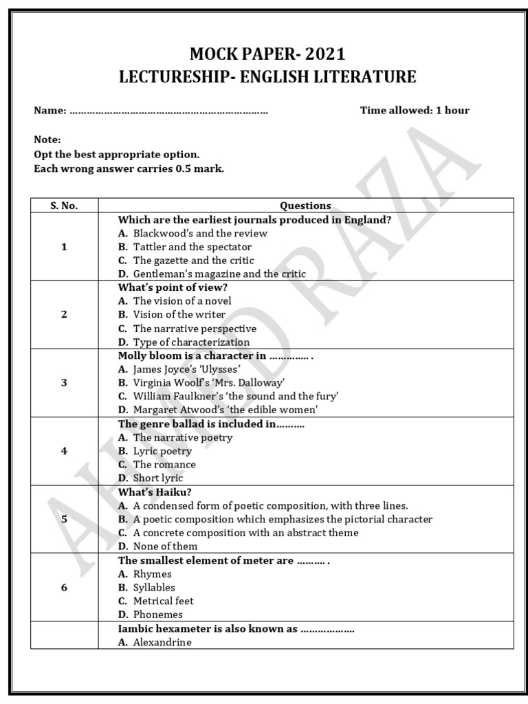 MOCK-1 Test For o Level | PDF | Poetry | Metre (Poetry)